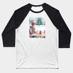 Woman Drinking Coffee in an open-air Cafe, Snowing Christmas Outdoors Baseball T-Shirt